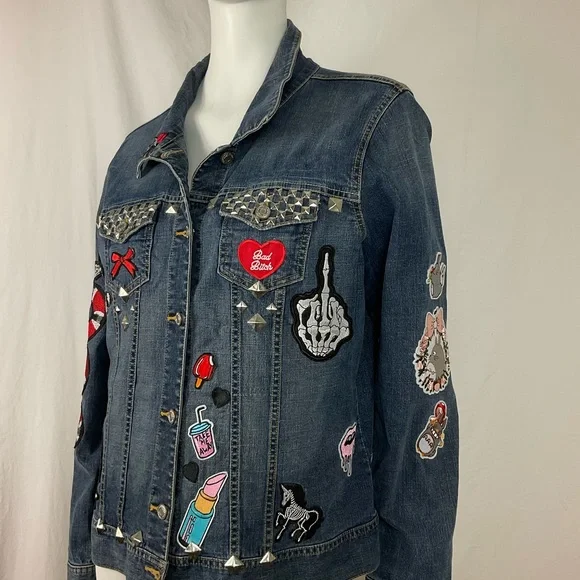 Embellished Patchwork Beaded Denim Jean Jacket Upcycled Jean Jacket Size XXL - Picture 1 of 10